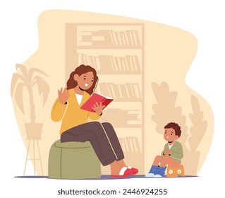 Nurturing Mother Character with Book In Hand, Gently Reads To Her Focused Child, Patiently Sitting On The Potty, Fostering A Cozy, Educational Moment Amidst Daily Routines. Cartoon Vector Illustration