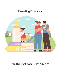 Nurturing next generations. Essence of parenting education with family nurturing their child. Basic knowledge of how to be parent. Striving to be good role model for kids. Flat vector illustration