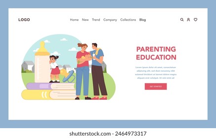 Nurturing next generations. Essence of parenting education with family nurturing their child. Basic knowledge of how to be parent. Striving to be good role model for kids. Flat vector illustration