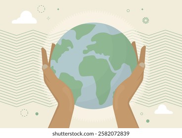 Nurturing Our Planet's Future. Hands holding a Earth, symbolizing care, environmental stewardship, and hope for a sustainable future. Earth day concept. Flat style. Vector illustration