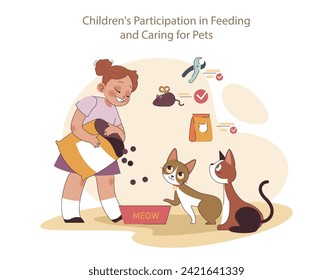 Nurturing Responsibilities concept. A smiling girl engages in feeding her pet cats, learning the joys of pet care.