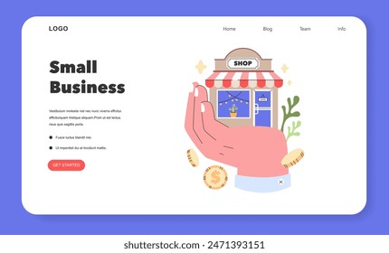 Nurturing Small Business concept A protective hand cradles a quaint shop, symbolizing the care in building a local enterprise Entrepreneurial dreams in pastel hues Vector illustration