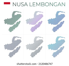 Mapa de puntos de Nusa Lembongan. Mapa de Nusa Lembongan con un estilo punteado. Las fronteras de la isla están llenas de hermosos círculos de gradientes lisos. Impresionante ilustración vectorial.