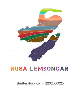 Nusa Lembongan map design. Shape of the island with beautiful geometric waves and grunge texture. Authentic vector illustration.