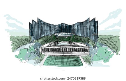 Nusantara Indonesia new capital palace design architecture hand drawing illustration forest city