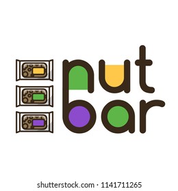 Nut bar logotype with three nut snacks in organic package.Colorful isolated vector food logo in flat style with outline for your project