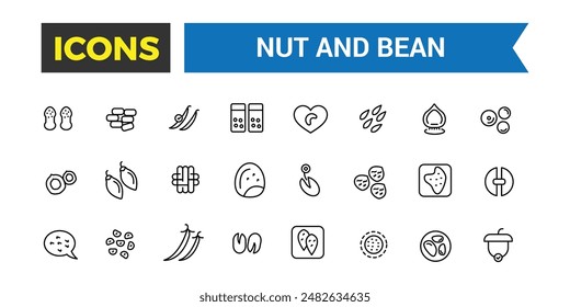 Nut and Bean icon set. Outline icons pack. Editable vector line icon set and illustration for web and UI application.