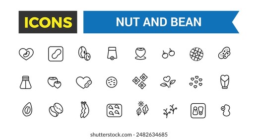 Nut and Bean icon set. Outline icons pack. Editable vector line icon set and illustration for web and UI application.