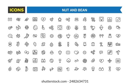 Nut and Bean icon set. Outline icons pack. Editable vector line icon set and illustration for web and UI application.