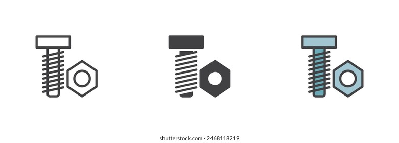 Nut and bolt different style icon set. Line, glyph and filled outline colorful version, outline and filled vector sign. Screw symbol, logo illustration. Vector graphics