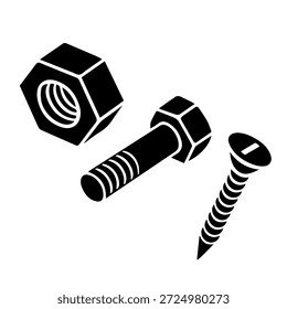 Silueta de tornillo de tuerca y perno en vista isométrica de profundidad 3D en una Ilustración vectorial en blanco y negro sobre un fondo blanco.