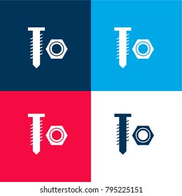 Nut and bolt tools couple four color material and minimal icon logo set in red and blue