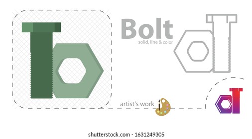 Nut and bolt vector flat illustration, solid, line icon