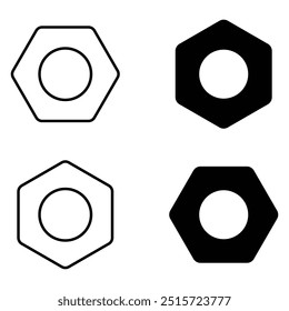 Nut bolt vector icon set. Hexagon nut black silhouette and outline design style. Isolated on white background.