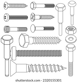 nut and bolt vector outline icon illustration