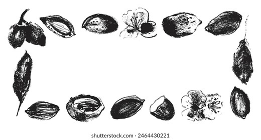 Nut border with almonds illustrations for banner background, packaging, marzipan paste label, poster designs. Vector almond drawings in hand-drawn style. Almonds wreath or border. Chocolate with nuts.