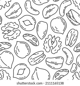 Nut bundle pattern. Doodle vector food sketch set. Walnut, hazelnut, almond and macadamia. Peanut, cashew and cola nut, pistachios, brazil nut and pecan