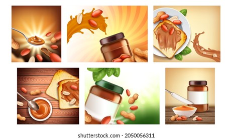 Nut Butter Creative Promotional Posters Set Vector. Peanut Butter Creamy Food, Organic Ingredient And Kitchen Utensil On Advertising Banners. Delicious Breakfast Style Concept Template Illustrations