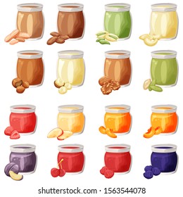 Nut Butter And Fruit Flavours In Jars Cartoon Set, Different Nut And Fruit Spreads, Colorful Illustrations.