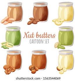 Nut Butters Different Spread Set Vector Illustrations, Cartoon Isolated Colorful Nut Butter Flavours In A Jar.