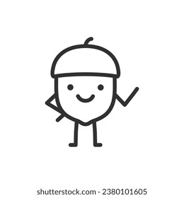 Nut character, linear icon. Acorn. Fun cartoon character. Line with editable stroke