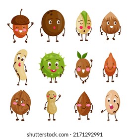 Nut characters. Beans with smiling faces and hands. Peanut and cashew seeds emotions. Nutrition food. Coconut and acorn. Funny healthy objects set. Almond and walnut. Vector cartoon drawing