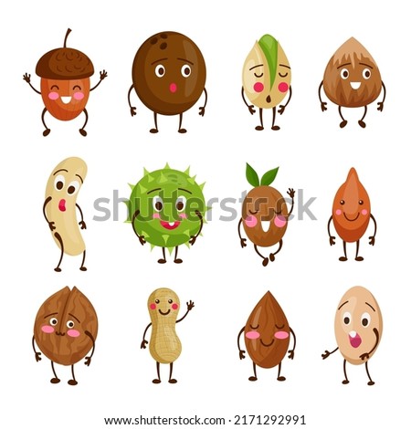 Nut characters. Beans with smiling faces and hands. Peanut and cashew seeds emotions. Nutrition food. Coconut and acorn. Funny healthy objects set. Almond and walnut. Vector cartoon drawing