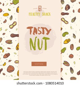 Nut collection modern banner with pattern. Isolated nuts healthy food site header. Natural walnut snack with leaves. Organic collection