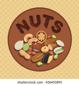 Nut collection with raw food mix and Round label illustration