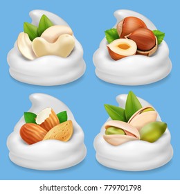 Nut collection realistic in milk or milk chocolate . Hazelnut, pistachio, almond, cashew