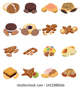 Nut cookie icons set. Isometric set of 16 nut cookie vector icons for web isolated on white background