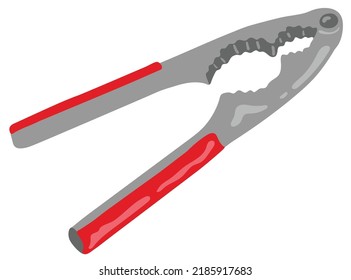 Nut Cracker With Red Handles. Kitchen Tool. Hand Drawn Vector Illustration. Suitable For Website, Stickers, Postcards.