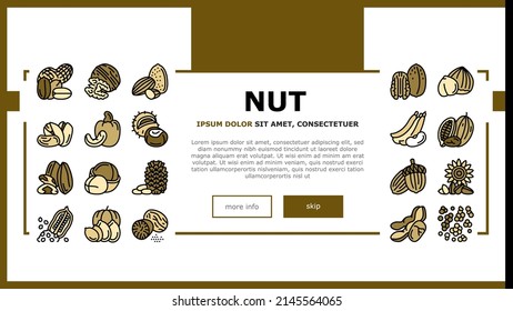 Nut Delicious Natural Nutrition Landing Web Page Header Banner Template Vector. Peanut And Almond Nut, Walnut And Hazelnut, Sesame And Cashew Tasty Vitamin Food Line. Pistachio Illustration