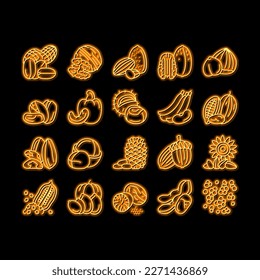 Nut Delicious Natural Nutrition neon light sign vector. Peanut And Almond Nut, Walnut And Hazelnut, Sesame And Cashew Tasty Vitamin Food Line. Pistachio And Cocoa, Soy And Acorn Illustrations