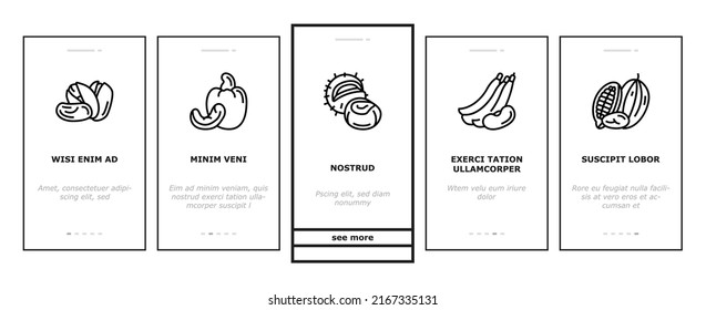 Nut Delicious Natural Nutrition Onboarding Mobile App Page Screen Vector. Peanut And Almond Nut, Walnut And Hazelnut, Sesame Cashew Tasty Vitamin Food. Pistachio And Cocoa, Soy And Acorn Illustrations