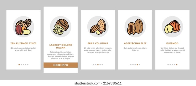 Nut Delicious Natural Nutrition Onboarding Mobile App Page Screen Vector. Peanut And Almond Nut, Walnut And Hazelnut, Sesame Cashew Tasty Vitamin Food. Pistachio And Cocoa, Soy And Acorn Illustrations