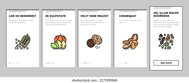 Nut Delicious Natural Nutrition Onboarding Mobile App Page Screen Vector. Peanut And Almond Nut, Walnut And Hazelnut, Sesame Cashew Tasty Vitamin Food. Pistachio And Cocoa, Soy And Acorn Illustrations