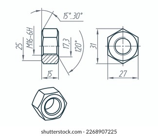 Nut drawing. Technical vector illustration. Main view, side view and 3D isometric view. Hexagon-shaped fastener with a threaded hole for fixing the bolted connection.