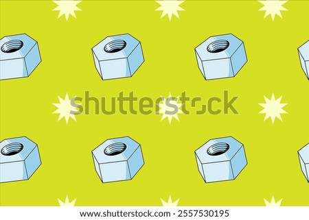 nut fastener with star element colorful seamless pattern on green background for print on packaging, stationery, merchandise.  groovy nut fastener seamless pattern background. 