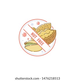 Nut Free Sign For Food Allergy Information, Cartoon Icon Label For Allergen Product, Circle Sticker With Hand Drawn Nuts Crossed Out Inside Packaging Sticker Stamp, Isolated Vector Illustration