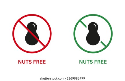 Juego de iconos de silueta libre de tuercas. Signo de parada de producto de nueces. Símbolo prohibido de cacahuetes. Alergia alimentaria con el logotipo de cacahuete. No Contiene Etiqueta De Maní. Evite las nueces en la comida. Ilustración de vectores aislados.