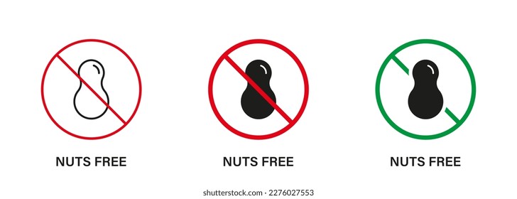 Nut Free Silhouette and Line Icon Set. Nuts Product Stop Sign. Peanuts Forbidden Symbol. Food Allergy on Peanut Logo. No Contain Peanut Label. Avoid Nuts in Food. Isolated Vector Illustration.