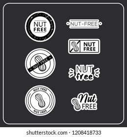 Nut free stickers on white background. Nut-free drawn isolated sign icon set. Healthy lettering symbol of nut free. Black and white nut-free vector logos for products.