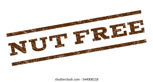 Nut Free watermark stamp. Text caption between parallel lines with grunge design style. Rubber seal stamp with dirty texture. Vector brown color ink imprint on a white background.