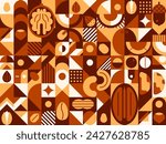 Nut and grain abstract geometric pattern. Vector background features walnut, acorn and pecan, almond, cashew, pistachio or hazelnut with coffee seeds. Contemporary minimalistic design in brown colors