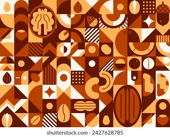 Nut and grain abstract geometric pattern. Vector background features walnut, acorn and pecan, almond, cashew, pistachio or hazelnut with coffee seeds. Contemporary minimalistic design in brown colors