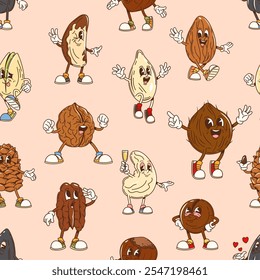 Nut groovy characters seamless pattern. Vector tile tile background featuring playful brazilian nut, walnut, coconut, cashew and macadamia with pumpkin seed or hazelnut personages with funky vibes