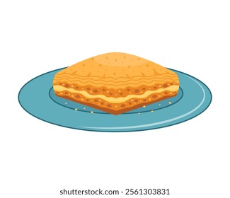 Nut and honey baklava on a blue plate. Traditional eastern sweets dessert. Vector illustration