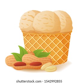Nut ice cream peanut in waffle cones. Realistic illustration vector.Isolated on a white background.Frozen dessert.