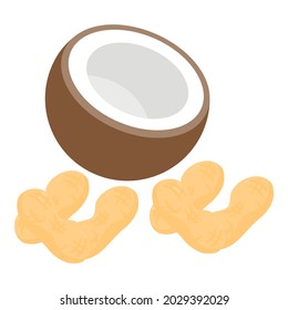 Nut icon isometric vector. Fresh half coconut and unpeeled peanut. Vegetarian nutrition, healthy eating